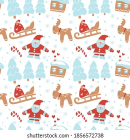 Patrón ininterrumpido de Navidad dibujado a mano con casa, bosque de abetos, ciervo, cornezuelo, copo de nieve de Santa Claus sobre fondo blanco. Ilustración plana vectorial. Diseño para textiles, embalajes, papel pintado, embalaje