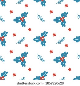Handgezeichnetes Weihnachtsmuster mit Weihnachtsäulen, Blättern und Sternen auf weißem Hintergrund. Vektorflache Illustration im skandinavischen Stil. Design für Textilien, Umhüllungen, Tapeten