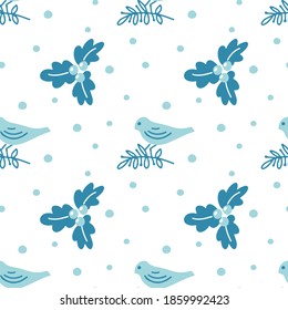 Hand drawn Christmas seamless pattern with Christmas  branches, leaves and birds  on white background. Vector flat illustration in  Scandinavian style. Design for textile, wrapping, wallpaper