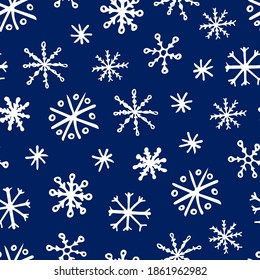 Hand Drawn Christmas Seamless Pattern with Snowflakes. Winter Background Drawn by Color Pencil. Decorative backdrop for fabric, textile, wrapping paper, card, invitation, wallpaper, web design.