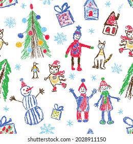 Hand drawn Christmas seamless pattern. Tree, kid, present, house, snowman, snow. Like child`s crayon drawn doodle scribble colorful vector art. Pencil, chalk stroke cartoon funny sketch isolated art 