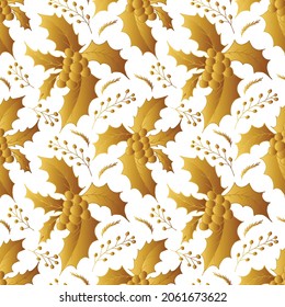 Hand drawn Christmas seamless pattern with holly branches. Golden  branches  in vintage style. Vector illustration with elements decorations for  greeting cards, christmas posters and wrapping.