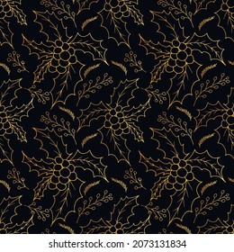  Hand drawn Christmas seamless pattern with holly branches. Golden black realistic branches  in vintage style. Vector illustration with elements decorations for  greeting cards, christmas posters.
