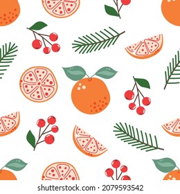 Hand drawn Christmas seamless pattern with oranges, berries and tree branch on white background.