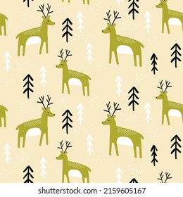 Hand drawn Christmas seamless pattern with deers, tree, and snowflake. Holiday background. Unique hand drawn texture. Vector illustration