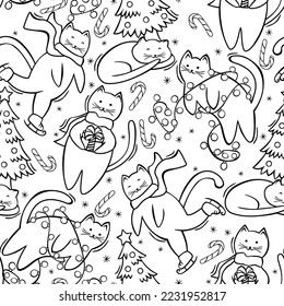 Patrón de Navidad sin fisuras dibujado a mano con gatos lindos al estilo de doodle. Patrón de Navidad sin fisuras con gato blanco.