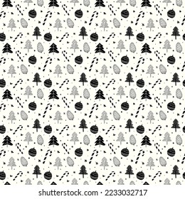 Hand drawn Christmas seamless pattern background with christmas tree christmas leaves christmas candy and stars