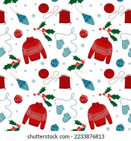 Hand drawn christmas seamless pattern with cozy and warm knitting elements, sweater, gloves. Knitted wool accessories seamless Christmas background. Vector illustration in flat style