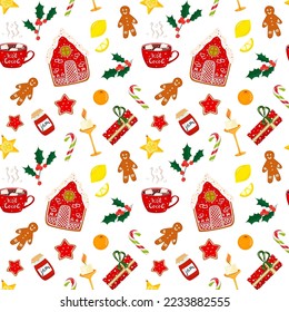Hand drawn christmas seamless pattern with cozy and sweet elements. Gingerbread men and house, cocoa cup, star cookies, green mistletoe and candles. Christmas background flat vector illustration.