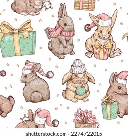 Hand drawn Christmas seamless pattern with cute rabbits and gift boxes, sketch vector illustration. Cheerful bunnies wearing winter hat and scarf, holding gift boxes.