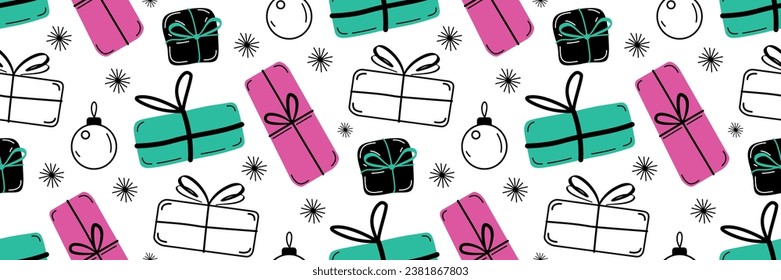 Hand drawn Christmas seamless pattern. New year gifts vector illustration. Holiday paper, printing on wrapping paper, wallpaper or fabric.