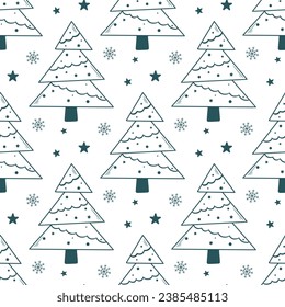 Hand drawn Christmas seamless pattern. Cute holiday background with fir trees doodle sketch style. Ink New Year print for wrapping paper, textile, gift, decor and design, vector illustration