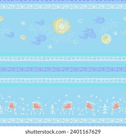 Hand drawn christmas seamless pattern, snowflakes and red folk art deers, christmas trees, sun, moon, nature elements and ornamental stripes on white background. Winter holidays traditional design.