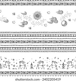 Hand drawn christmas seamless pattern, snowflakes and folk art deers, christmas trees, sun, moon, nature elements and ornamental stripes on white background. Winter holidays traditional design.