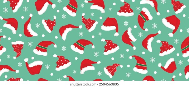 Hand drawn Christmas seamless pattern with Santa hats, great for textile, banners, wallpaper, packaging. Vector.