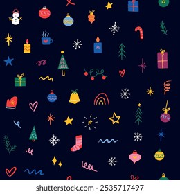 Hand drawn Christmas seamless pattern with decorative Christmas trees. Doodle New year pines on black background.