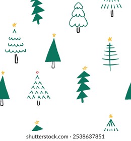 Hand drawn Christmas seamless pattern with decorative Christmas trees. Doodle New year pines on white background.