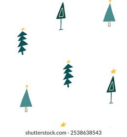 Hand drawn Christmas seamless pattern with decorative Christmas trees. Doodle New year pines on white background.