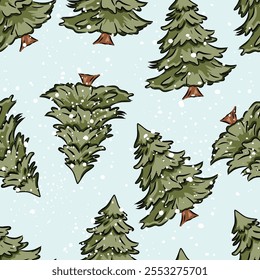 Padrão de Natal sem costura desenhado à mão com árvores nevadas e um fundo azul claro. Vetor