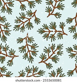 Hand drawn Christmas seamless pattern of evergreen branches with snowflakes on a light blue background vector illustration