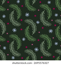 Padrão sem costura de Natal desenhado à mão com pinheiro Sprigs flocos de neve e pontos de Berry
