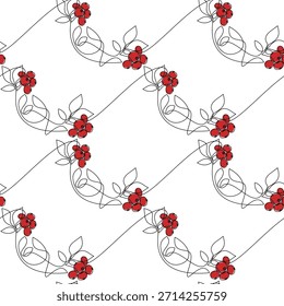 Hand drawn Christmas seamless pattern vector. Red berries branch one line continuous drawing. Festive ornaments illustration, print, banner, floral wallpaper, poster, holiday decor background. 