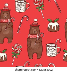 Hand drawn Christmas seamless pattern. Funny winter bear in knitted hat and scarf, peppermint lollipops, enamel mug with hot chocolate, traditional Christmas pudding 