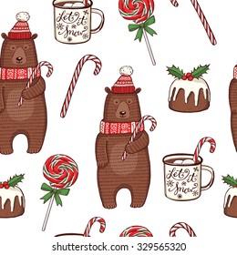 Hand drawn Christmas seamless pattern. Funny winter bear in knitted hat and scarf, peppermint lollipops, enamel mug with hot chocolate, traditional Christmas pudding 