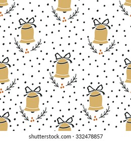 Hand drawn Christmas seamless pattern with bells with a bow and wreath and Polka dots