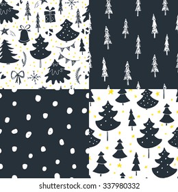 Hand drawn Christmas seamless pattern with Christmas trees and decoration. Holiday background for web page. Gift wrapping paper. Unique hand drawn texture.