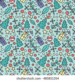 Hand Drawn Christmas Seamless Pattern. New Year Background. Print with Christmas Tree and Presents. Winter Season Line Art Style Illustration. Vector design. Cartoon Omelas.
