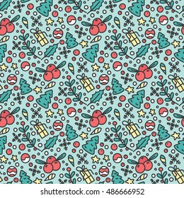 Hand Drawn Christmas Seamless Pattern. New Year Background. Print with Christmas Tree and Presents. Winter Season Line Art Style Illustration. Vector design. Cartoon Omelas.