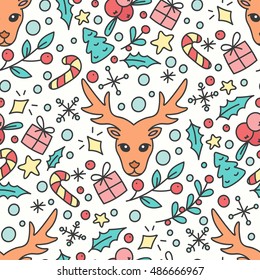 Hand Drawn Christmas Seamless Pattern. New Year Background. Print with Christmas Presents and Deer. Winter Season Line Art Style Illustration. Vector design. Cartoon Omelas.