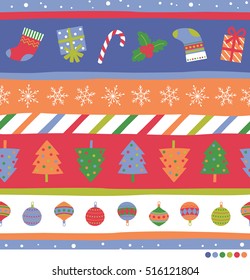 Hand drawn christmas seamless pattern with pine tree, snow, snowflake and ornaments illustrations