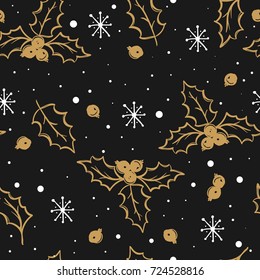 Hand drawn Christmas seamless pattern with holly berries.