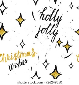 Hand drawn Christmas seamless pattern with gold star for design and decoration textile, covers, package, wrapping paper.  Vector illustration.