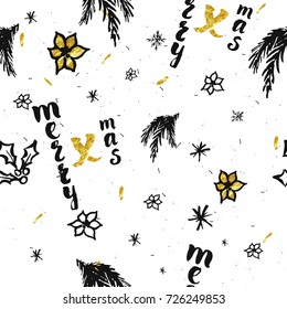 Hand drawn Christmas seamless pattern with branch, holly, snowflake for design and decoration textile, covers, package, wrapping paper.  Vector illustration.