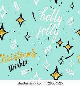 Hand drawn Christmas seamless pattern with gold star for design and decoration textile, covers, package, wrapping paper.  Vector illustration.
