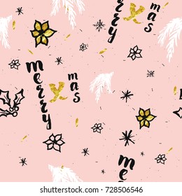 Hand drawn Christmas seamless pattern with branch, holly, snowflake for design and decoration textile, covers, package, wrapping paper.  Vector illustration.