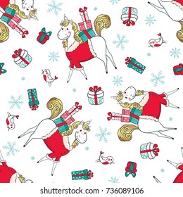 Hand drawn Christmas seamless pattern with Unicorn, gifts and birds. Cartoon style. Dream symbol. Design for textile, packaging or children, baby room interior. Vector illustration.