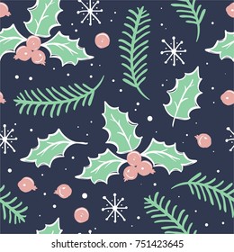 Hand drawn Christmas seamless pattern with holly berries.