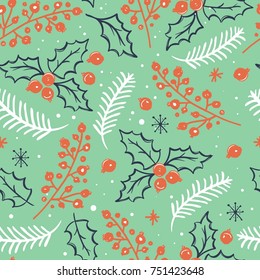 Hand drawn Christmas seamless pattern with holly berries.