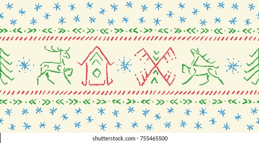 Hand drawn christmas seamless pattern with deer, house, tree, snowflakes. Holiday border like child's drawing funny ornament. Like child drawing style crayon, pencil or chalk vector design element.