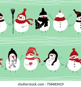 La Navidad dibujada a mano es un patrón sin fisuras con graciosos muñecos de nieve en sombreros y bufandas. 