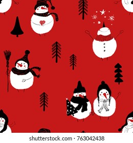Hand drawn Christmas seamless pattern with funny snowmans in hats and scarfs. 