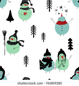 Hand drawn Christmas seamless pattern with funny snowmans in hats and scarfs. 