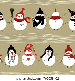 Hand drawn Christmas seamless pattern with funny snowmans in hats and scarfs. 