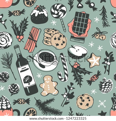 Hand drawn Christmas seamless pattern with food: candy cane, pudding, gingerbread cookies, latte, bun, chocolate, wine on green background. Creative Holidays ink art work. Actual vector doodle drawing