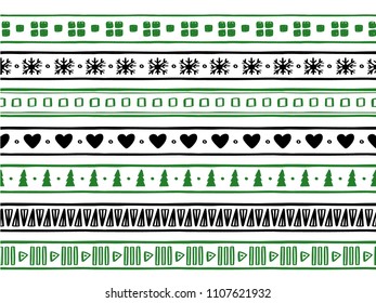 Hand drawn Christmas seamless vector pattern brushes collection. Winter ornament brushes for decor in black, green and white colors.