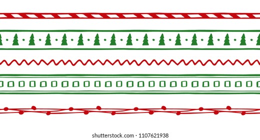 Hand drawn Christmas seamless vector pattern brushes collection. Winter ornament brushes for decor in green, red and white colors.
